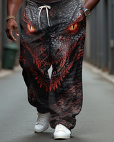 Men's Casual Cotton Dragon Print Loose Elastic Waist Sports Jogging Pants